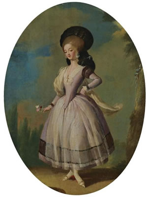 AN ELEGANT FEMALE DANCER, WEARING A YELLOW DRESS AND A BLUE VEIL, A SERVANT GIRL LOOKING ON; AN ELEGANT FEMALE DANCER, WEARING A PINK DRESS AND HOLDING A BUNCH OF FLOWERS (pair)