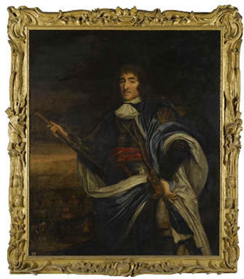 PORTRAIT OF GENERAL GEORGE MONCK, 1ST DUKE OF ALBEMARLE, K.G. (1608-1670) three-quarter length, standing, wearing armour with the badge and chain of the Garter, holding a baton, a landscape with Charles II landing at Dover in 1660 beyond