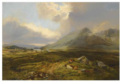 FIGURES AND CATTLE RESTING BESIDE LOCH AWE