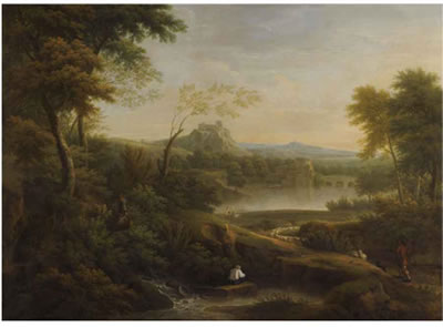 RIVER LANDSCAPE WITH BRIDGE AND HILLTOP CASTLE