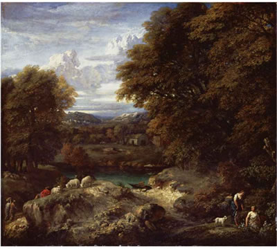 A WOODED RIVER LANDSCAPE WITH A SHEPHERD RESTING NEAR HIS FLOCK
