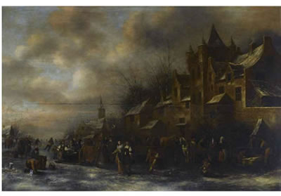 A WINTER LANDSCAPE WITH SKATERS, CHILDREN ON SLEIGHS AND ELEGANT FIGURES PROMENADING ACROSS A FROZEN RIVER