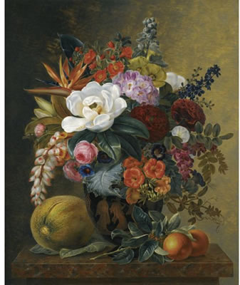 EXOTIC BLOOMS IN A GRECIAN KRATER WITH FRUIT ON A MARBLE LEDGE