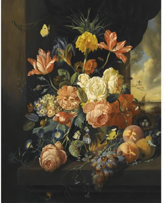 BLUMENSTILLLEBEN MIT TULPEN, ROSEN UND FRÜCHTEN (STILL LIFE WITH TULIPS, ROSES AND FRUIT)