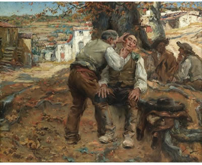 O BARBEIRO DA ALDEIA (A CLOSE SHAVE) by Jose Vital Branco Malhoa - Auction record, sale price, and art valuation. Compare with similar artists and explore comparable artworks.