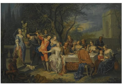 A PALACE GARDEN WITH ELEGANT FIGURES FEASTING AND MAKING MERRY