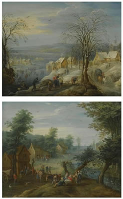 A WINTER LANDSCAPE WITH HUNTERS AND SKATERS ON A FROZEN RIVER RUNNING THROUGH A VILLAGE; A SUMMER LANDSCAPE WITH VILLAGERS RESTING BY A STREAM (Pair)
