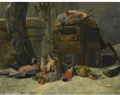 STILL LIFE WITH DEAD GAME AND SONGBIRDS IN THE SNOW