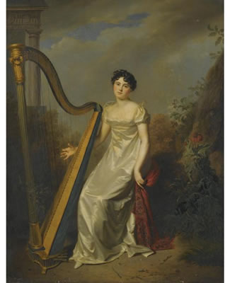 PORTRAIT OF A LADY, SAID TO BE THE MARQUISE DE CHAMILLARD, WEARING A WHITE DRESS AND SEATED BESIDE A HARP, A LANDSCAPE BEYOND