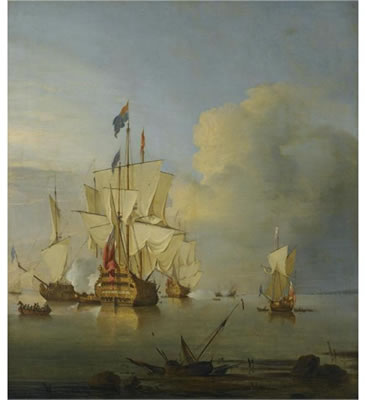 BRITISH MEN OF WAR AT ANCHOR WITH THE ROYAL GEORGE FIRING A SALUTE