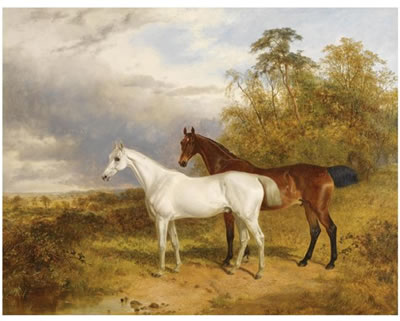 A BAY AND GREY HORSE IN A LANDSCAPE