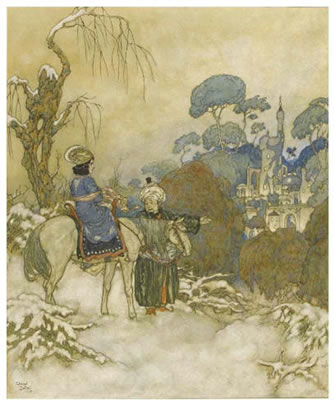 "SOON THEY CAUGHT SIGHT OF THE CASTLE IN THE DISTANCE." by Edmund Dulac - Auction record, sale price, and art valuation. Compare with similar artists and explore comparable artworks.