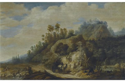 A MOUNTAINOUS LANDSCAPE WITH FIGURES WALKING ALONG A PATH WITH A HORSE AND CART by Joachim Govertsz Camphuysen - Auction record, sale price, and art valuation. Compare with similar artists and explore comparable artworks.