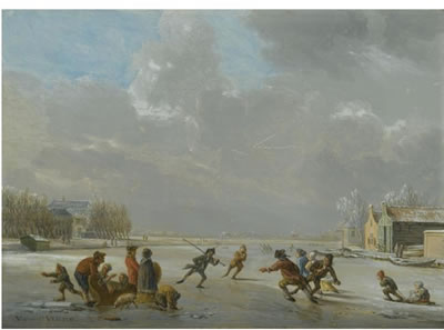 WINTER LANDSCAPE WITH SKATERS ON A FROZEN LAKE