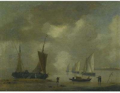 A COASTAL SCENE WITH DUTCH SHIPS MOORED OFFSHORE
