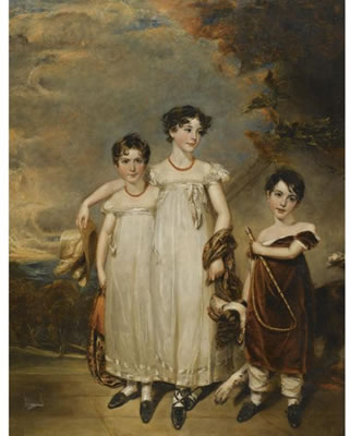 GROUP PORTRAIT OF CAROLINE HORTON (1810-1901) OF LEAMINGTON, AND HER BROTHER AND SISTER, FULL LENGTH, WITH A DOG