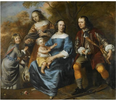 PORTRAIT OF A FAMILY; ALL FULL LENGTH, A MOTHER SITTING, DRESSED IN BLUE, WITH THREE YOUNG CHILDREN AND A YOUNG MAN WITH A GUN, POSSIBLY HER HUSBAND, IN A LANDSCAPE