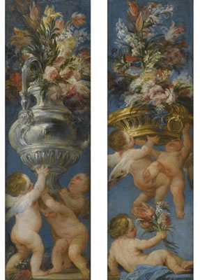 A PAIR OF FLOWER STILL LIVES WITH CAVORTING PUTTI