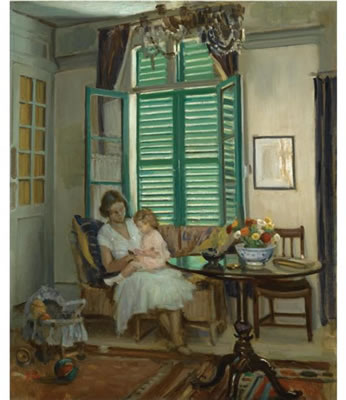 INTERIOR WITH THE ARTIST'S WIFE, YVONNE, AND YOUNG DAUGHTER, ELIZABETH, AT MONTREUIL-SUR-MER by William Crampton Gore - Auction record, sale price, and art valuation. Compare with similar artists and explore comparable artworks.