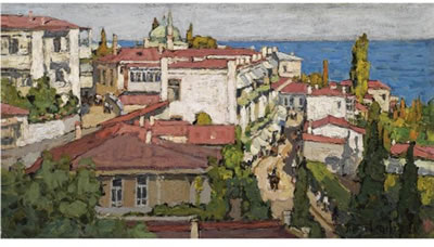 Sample artwork by Piotr Ivanovich Petrovichev (1874 - 1947), known for painting of landscapes and roof-top building views and floral still life - View similar artists and auction records