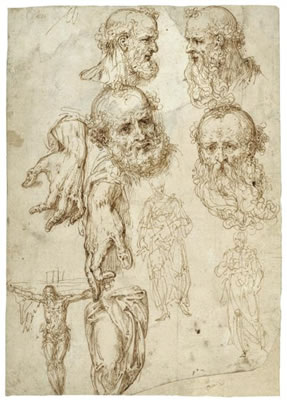 A sheet of studies including heads, hands and figures