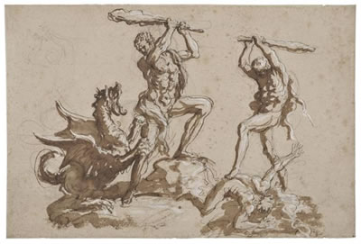Hercules fighting a dragon, with another study of Hercules slaying Cacus