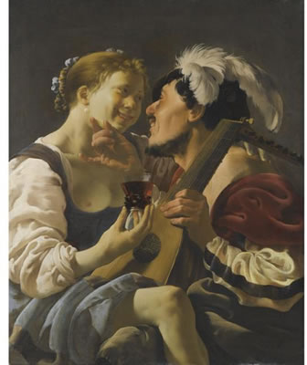 A LUTEPLAYER CAROUSING WITH A YOUNG WOMAN HOLDING A ROEMER