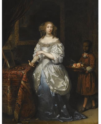 A PORTRAIT OF A LADY, WEARING A BLUE-AND-WHITE SATIN DRESS, AT HER TOILET, ATTENDED BY A NEGRO PAGE BEARING A DISH OF FRUIT
