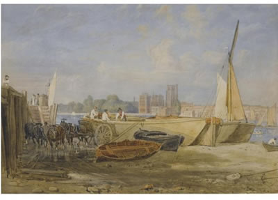UNLOADING SAIL BARGES NEAR LAMBETH BRIDGE