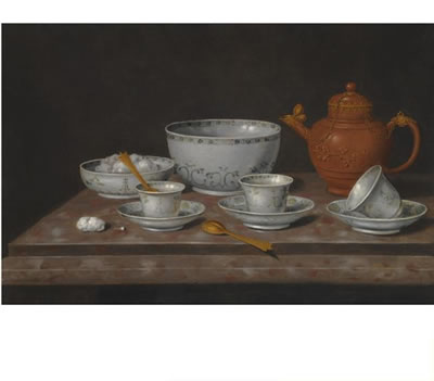 A STILL LIFE OF A YIXANG METAL-MOUNTED TEAPOT ON A STONE LEDGE WITH EIGHT CHINESE EXPORT PIECES INCLUDING THREE CUPS AND SAUCERS, TWO BOWLS AND TWO SPOONS, ALL ON A MARBLE TABLE by Pieter Gerritsz van Roestraten - Auction record, sale price, and art valuation. Compare with similar artists and explore comparable artworks.