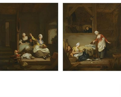 AN INTERIOR WITH A MOTHER KNITTING, WATCHED BY HER CHILDREN AND A MAID; A BARN INTERIOR WITH A MOTHER FEEDING HER BABY