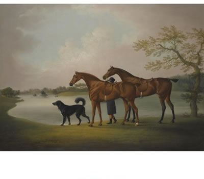 A PAIR OF HUNTERS HELD BY A GROOM, WITH A NEWFOUNDLAND DOG, BY A LAKE by Daniel Clowes - Auction record, sale price, and art valuation. Compare with similar artists and explore comparable artworks.