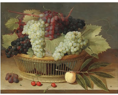 STILL LIFE WITH GRAPES ON THE VINE IN A BASKET, WITH THREE CHERRIES ON THE WOODEN TABLETOP BELOW
