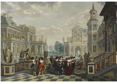 AN ELABORATE PALACE COURTYARD WITH ELEGANT COMPANY PROCEEDING TOWARDS A GREAT STAIRCASE, WITH FOUR SCULPTED PHILOSOPHERS ON PEDESTALS BEHIND THEM