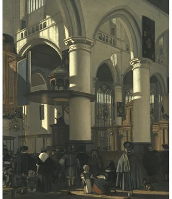 THE INTERIOR OF THE OUDE KERK IN DELFT, FROM THE SOUTH AISLE TO THE CROSSING, TOWARDS THE NOTH-EAST, DURING THE PREACHING OF A SERMON