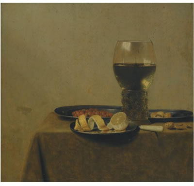 A STILL LIFE OF A PEELED LEMON, NUTS AND OLIVES ON PEWTER PLATES, AND A ROEMER FILLED WITH WHITE WINE, ALL ON A TABLE COVERED WITH A CLOTH