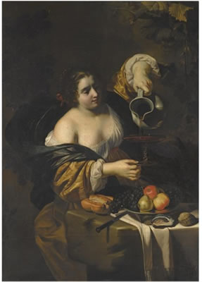 A YOUNG WOMAN POURING RED WINE FROM A PITCHER INTO A GLASS, A STILL LIFE OF GRAPES, A PEAR AND APPLES ON A SILVER PLATTER, A KNIFE AND BREAD-ROLL, AND OYSTERS NEARBY