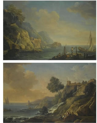 A MEDITERRANEAN COASTAL LANDSCAPE WITH FISHERMEN MENDING THEIR NETS;A MEDITERRANEAN COASTAL LANDSCAPE WITH FISHERMEN RESTING ON ROCKS BESIDE A RIVER MOUTH AS DUSK APPROACHES