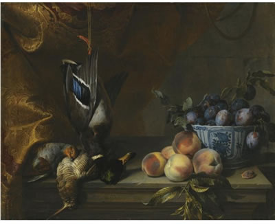 STILL LIFE OF PLUMS IN A BLUE AND WHITE PORCELAIN BOWL TOGETHER WITH PEACHES,A PARTRIDGE AND A WOODCOCK AND A HANGING MALLARD, ALL ON A STONE LEDGE WITH A RED AND GOLD BROCADE HANGING TO THE LEFT