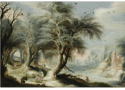 A WINTER LANDSCAPE WITH WOODCUTTERS ON A BANK BESIDE A FROZEN CANAL, A VILLAGE TO THE RIGHT