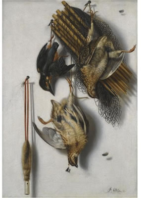 A TROMPE L'OEIL STILL LIFE WITH TWO QUAILS, A KINGFISHER, A BIRD NET AND A WHISTLE by Jacobus Biltius - Auction record, sale price, and art valuation. Compare with similar artists and explore comparable artworks.