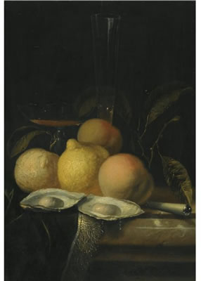 A STILL LIFE WITH OYSTERS, PEACHES AND A LEMON ON A MARBLE TABLE WITH A FRINGED CARPET AND GLASSES