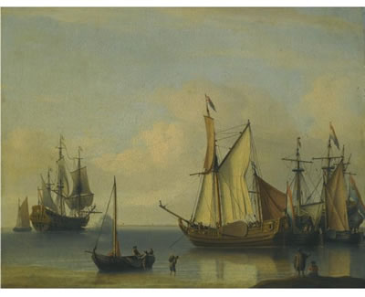 DUTCH VESSELS ANCHORED CLOSE TO THE SHORE IN A CALM