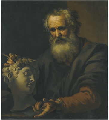 A PHILOSOPHER DEEP IN THOUGHT HOLDING A SCULPTED HEAD