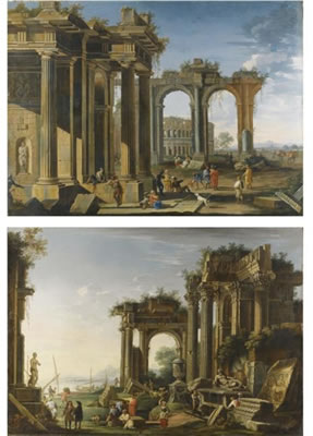 CAPRICCI OF ROMAN RUINS WITH SOLDIERS AND MERCHANTS CONVERSING, THE COLOSSEUM AND A ROCKY BAY BEYOND; A COASTAL LANDSCAPE WITH SHEPHERDS AND ELEGANT FIGURES AMONGST RUINS A PAIR