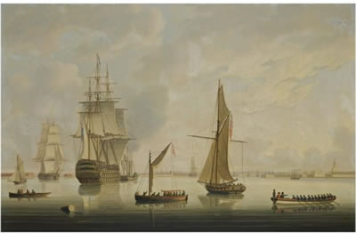 A BRITISH MAN-OF-WAR BEING TOWED INTO PORTSMOUTH HARBOUR BY A STEAM TUG
