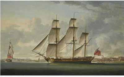 THE EAST INDIAMAN DELAFORD, IN TWO POSITIONS, PASSING DEPTFORD, THE ROYAL HOSPITAL AT GREENWICH BEYOND