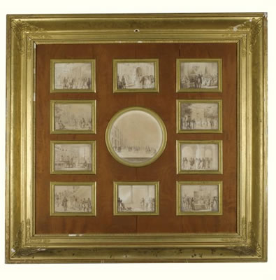 ELEVEN DRAWINGS REPRESENTING DAILY LIFE AT CHÂTEAU DE ROSNY, THE SUMMER RESIDENCE OF THE DUCHESSE DE BERRY (framed as one) by Jean Baptiste Isabey - Auction record, sale price, and art valuation. Compare with similar artists and explore comparable artworks.