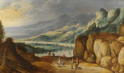 AN EXTENSIVE MOUNTAINOUS RIVER LANDSCAPE WITH HORSEMEN CONVERSING ON A RAISED PLATEAU