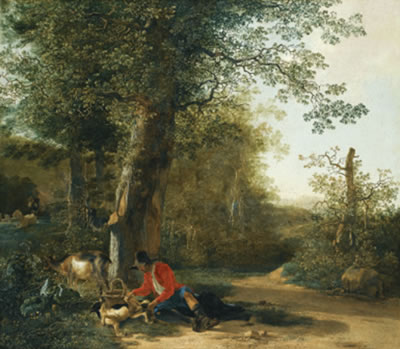 Schiedam near Rotterdam 1620 (?)- 1623 Amsterdam a peasnat playing with his dog while resting at the margin of a wood